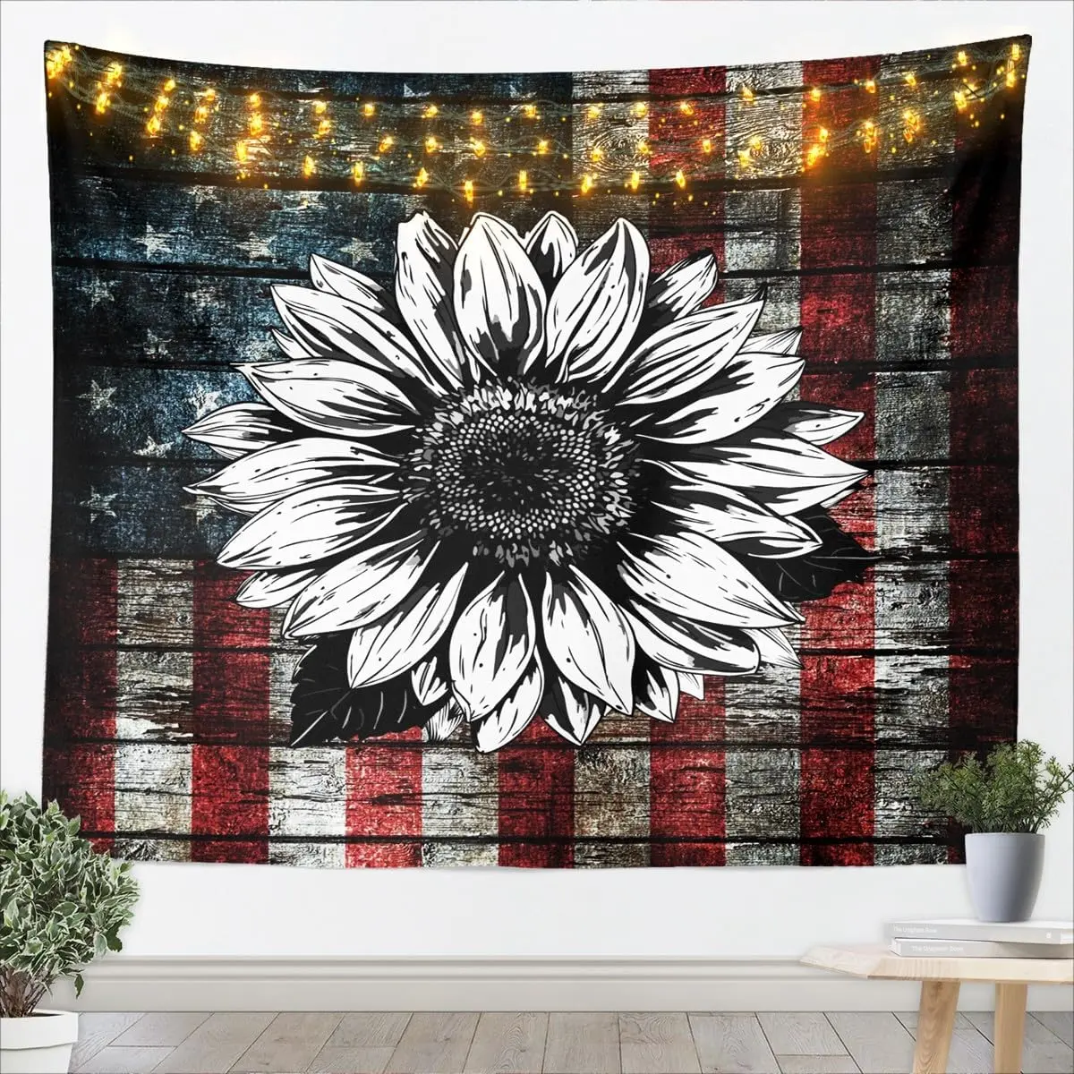 Feelyou Retro Americana Flower Rectangular Tapestry Wall Mural - Decorative Accents, Durable Soft Fabric, Vivid Colorful, Black-White Sunflower, Red-Blue Star Stripes, 2 Sizes, Lightweight Machine-Washable, Cold Wash, Living Room Wall Decor, Flower Patter