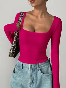 Women's Long Sleeve Square Neck Romper, Deep V Design, Slim-Fit Yoga Top, Ideal for Sports, Home, Daily Wear, Activewear, Workout Jumpsuit