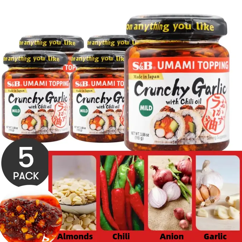 5Packs S&B Crunchy Garlic with Chili Oil - Mild, 3.88oz/Pack Use As A Versatile Topping For Chicken, Sushi, Pasta, Salad, Noodles, Tofu