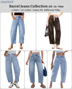【GRAPENT Barrel Jeans Collection】 All in One High Waisted Cropped Wide Leg Denim Pants Trendy Comfy Streetwear Styles for Womenswear Bottom hot1