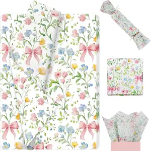 100 Sheets  Spring  and  Bows Tissue Paper,  Bow Wildflowers Floral  Wrapping Paper for Botanical Valentine Birthday Wedding  Shower Supplies, 20'' x 14''