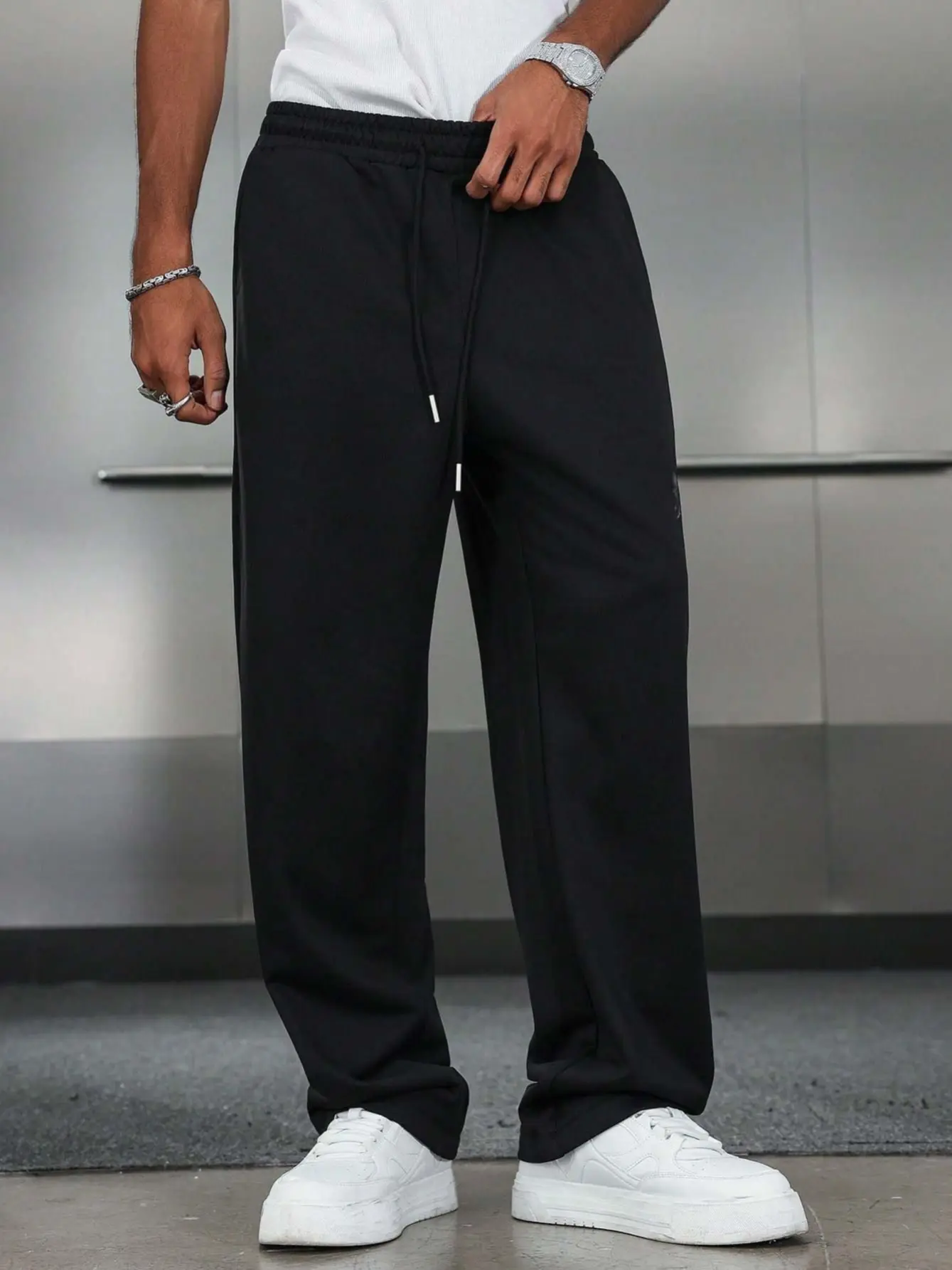 Men’s Minimalist Black Wide-Legged Sweatpants - Athleisure, Monochromatic, Relaxed, Cozy Menswear Pants with Adjustable Drawstring Cuffs, Ideal for Sleek Streetwear and Casual Outings, Athleisure Men's Pants, Monochromatic Men's Pants