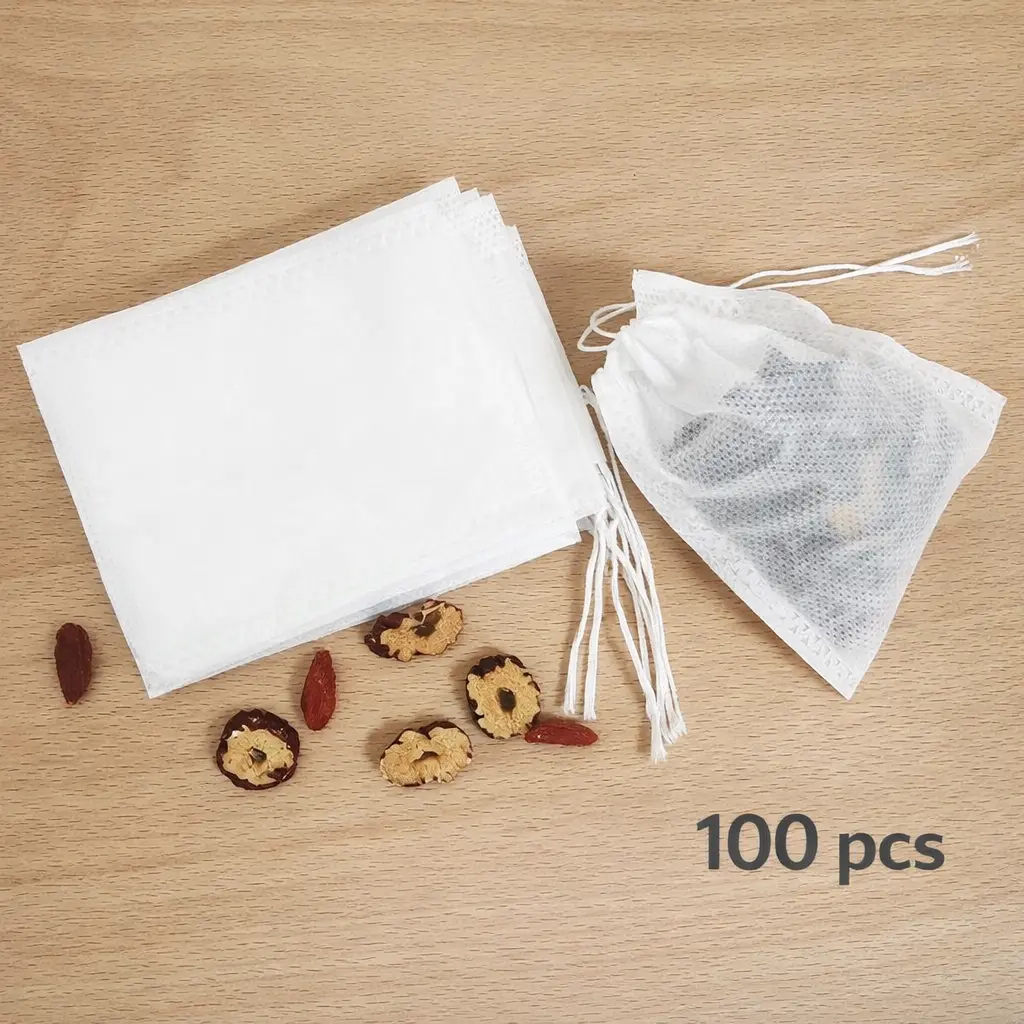100-Pack Disposable Small Mesh Drawstring Bags, Kitchen Tea Making Tools for Cooking, Tea/Coffee Filtering & Medicinal Liquor Soaking, DIY Spice Storage & Weeding Party Favors
