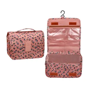 Hanging toiletry bag for Women,makeup travel bag,with Jewelry Organizer Compartment,Large Cosmetic Bag Travel Bathroom Shower Accessories (Leopard print pink, Large)