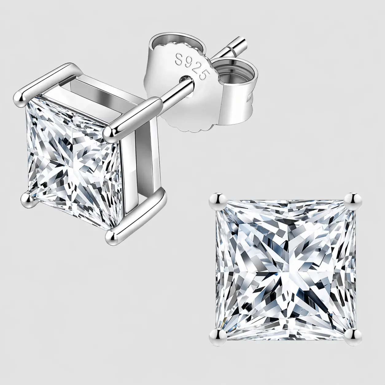 Princess Cut Moissanite Stud Earrings S925 Sterling Silver Screw Back 4-Prong Setting D Color VVS1 Moissanite Earrings for Women Men Fashion Jewelry Gift