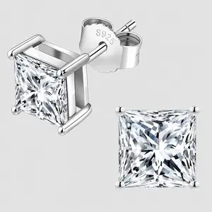 Princess Cut Moissanite Stud Earrings S925 Sterling Silver Screw Back 4-Prong Setting D Color VVS1 Moissanite Earrings for Women Men Fashion Jewelry Gift