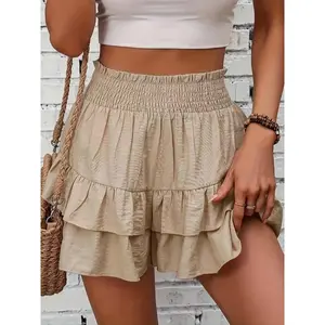 Women’s frilled trim ruffle hem shirred high-waisted shorts; boho casual tiered layered shorts for spring and summer; ladies’ bottoms for daily wear; womenswear; Rara Skirts GARMENTARY