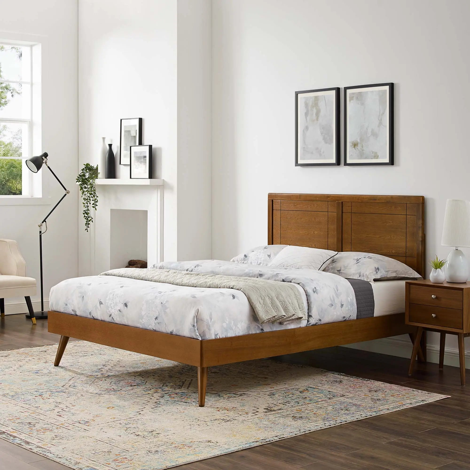 Modway Marlee Full Size Wooden Platform Bed Frame with Wooden Headboard and Splayed Legs, Walnut Finish