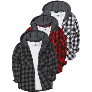 Men's plaid hoodie flannel shirt jacket long sleeved casual fashion button up shirt loose men's clothing