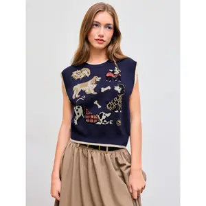 Cider [size 2-26] Knit Round Neckline Dog Graphic Contrasting Binding Vest