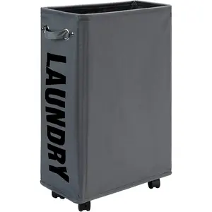25-Inches Slim Laundry Basket on Wheels, Collapsible Rolling Laundry Hamper, Foldable Narrow Corner Clothes Storage Bins (Dark Grey)