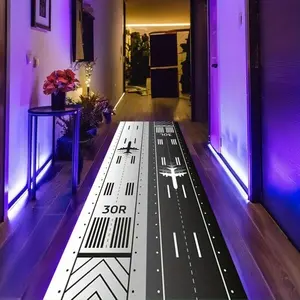 Carpet Runner with Airplane Runway Pattern, Non-Slip Soft Long Rug for Hallway, Living Room, Kitchen, Study, Easy Clean Indoor Mat