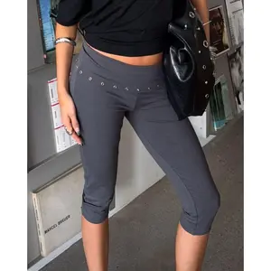 Women’s Low Rise Capri Pants Fold Over Waistband GrommetFit Cropped Pants Trousers