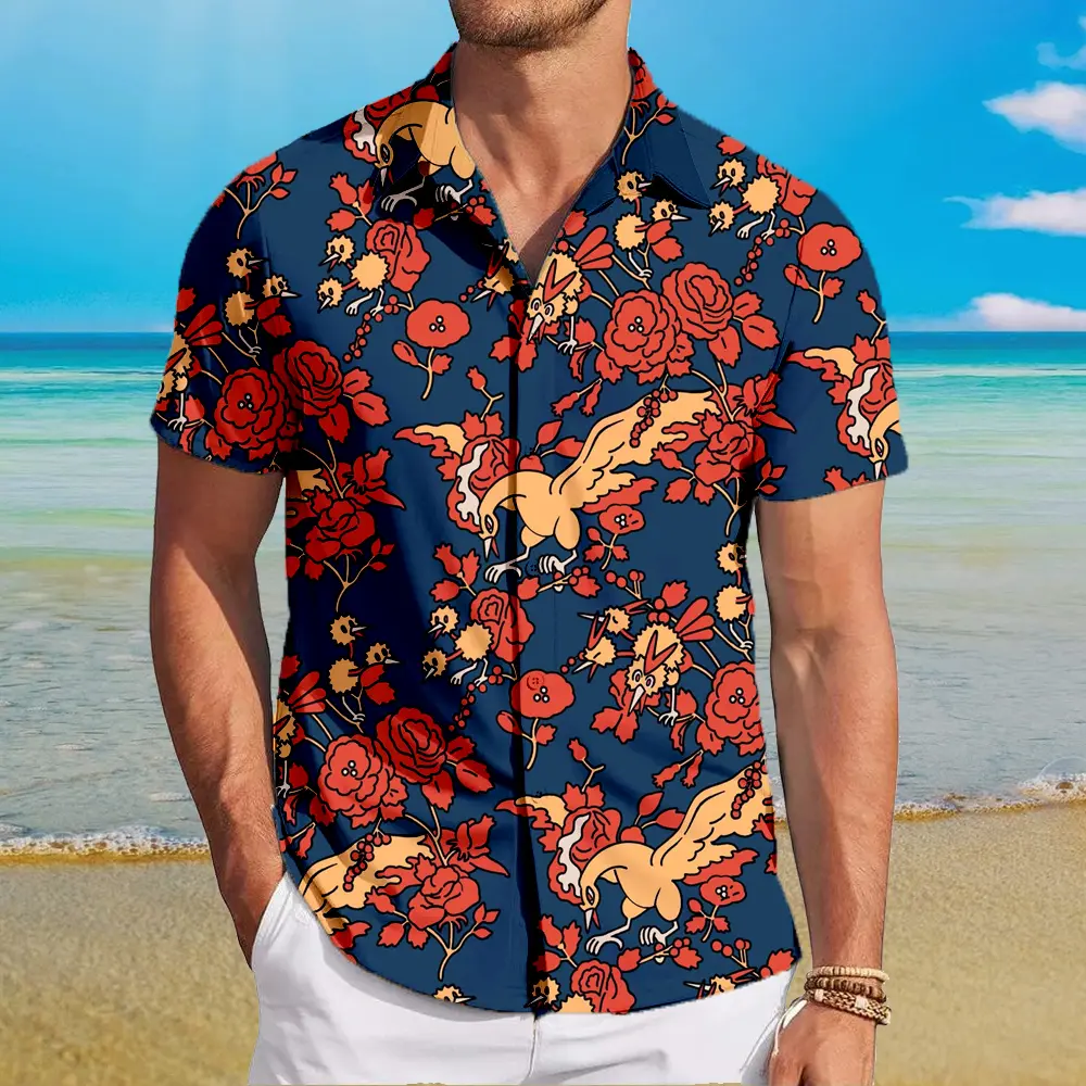 Hawaiian Shirt for Men, Floral Pattern Red Anime Hawaiian Shirt  Cool Summer Anime Vibes for Men & Fans, Men's Collared Clothes for Beach Vacation, #menwear #shortsleeve #hawaiianshirt