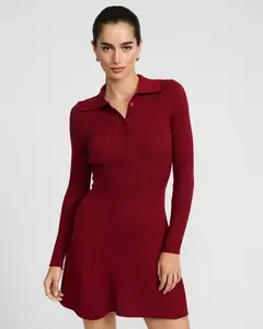 Express Ribbed Long Sleeve Mini Fit and Flare Polo Sweater Dress