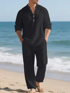 Men's Linen Hooded Button Long Sleeve Shirt & Straight Leg Pants Set, Casual Loose Fit Relaxed Fit Two-Piece for All Seasons
