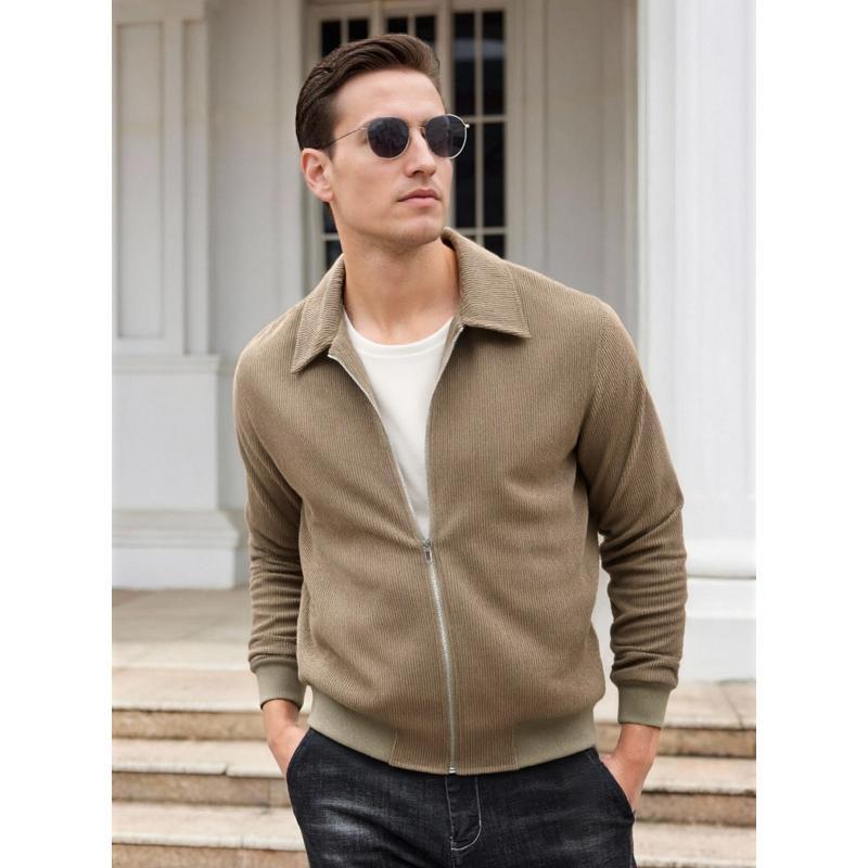 Men's Corduroy Bomber Jacket - Soft Pleated Navy Blue Zip-Up Casual Jacket for Outdoor Wear