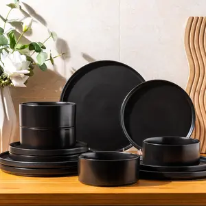 Ceramic Dinnerware Sets of 4,Stoneware Plates and Bowls Sets,Chip and Crack Resistant | Dishwasher & Microwave Safe Dishes Set,Scratch Resistant- Service for 4 (12pc)-Matte Black