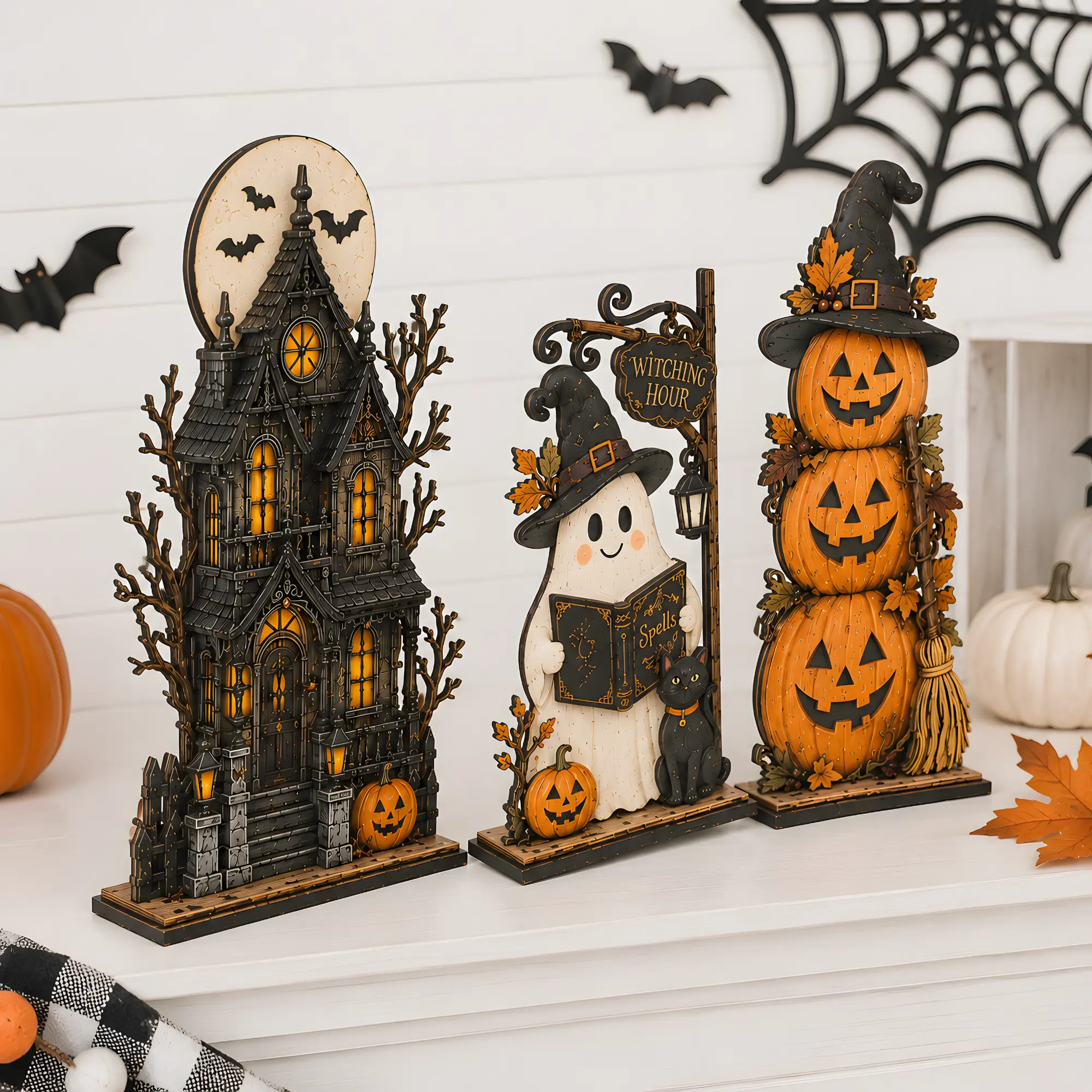 2D Wooden Haunted House Ghost Pumpkin Sign - 1-Side Printed, Wooden Halloween Decor, Vintage Halloween Decor 2026, Spooky Tiered Tray Shelf Table Centerpiece Gift for Fall Home, Fall Decor 2026