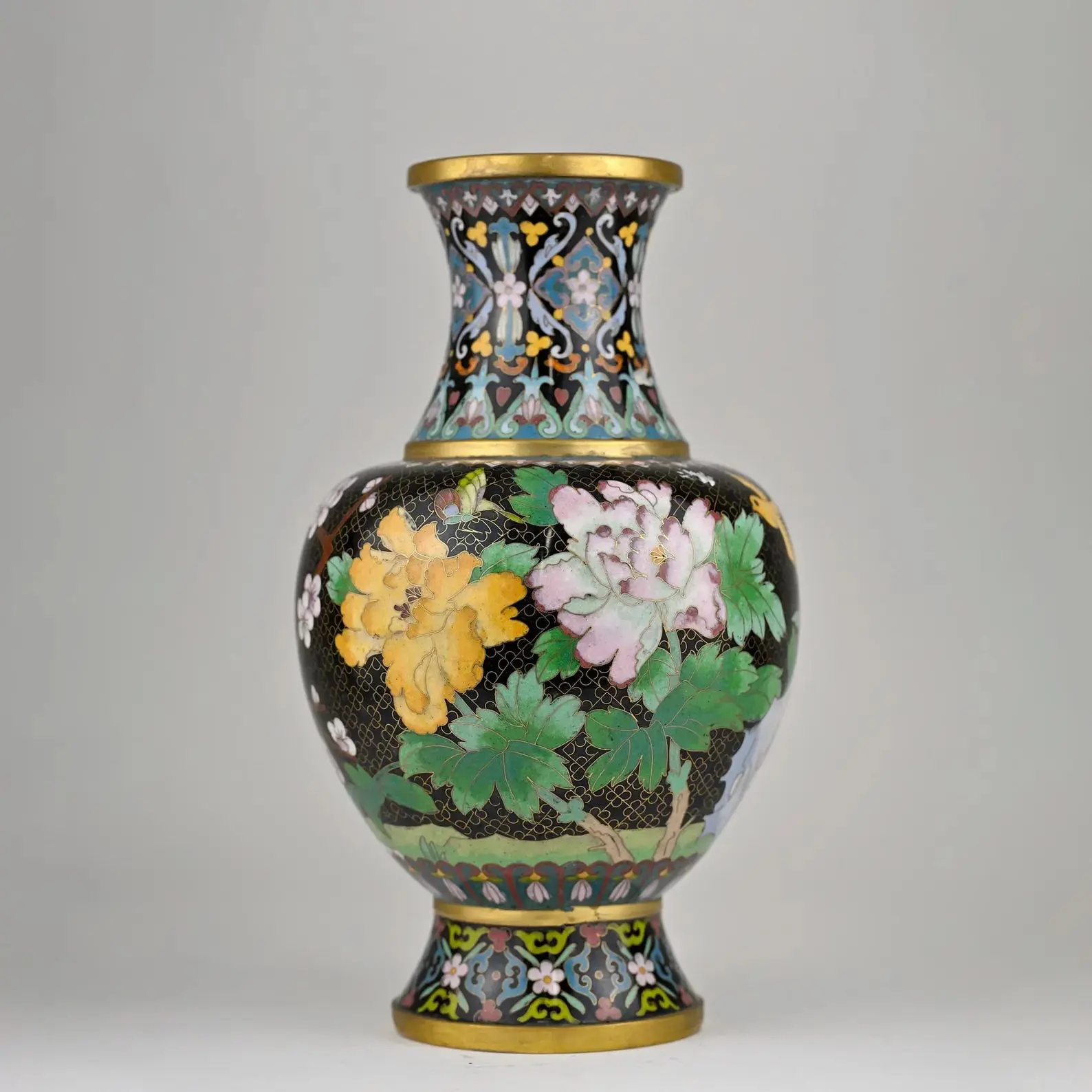 Chinese Cloisonné Vase | Floral Enamel Brass | Black Ground | Home Decor