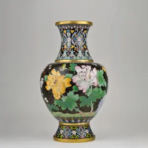 Chinese Cloisonné Vase | Floral Enamel Brass | Black Ground | Home Decor