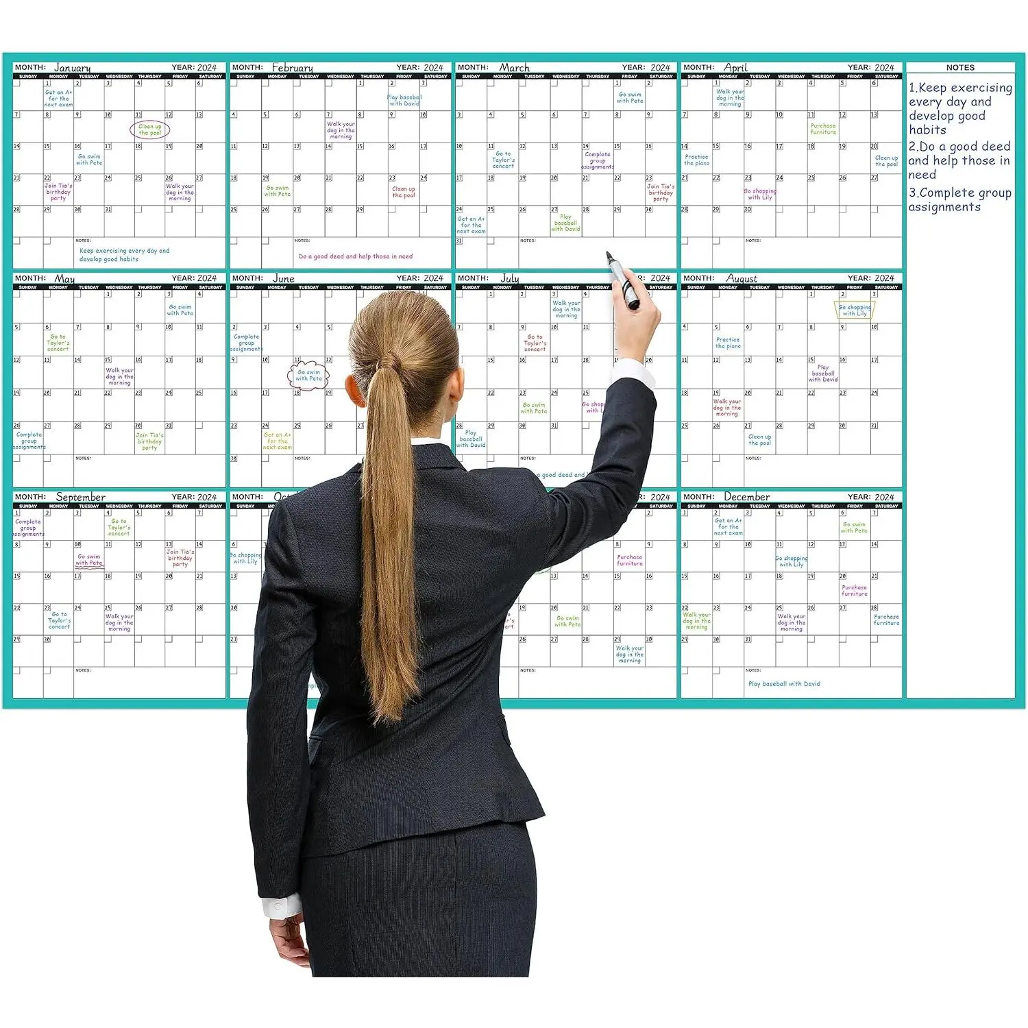 Large Dry Erase Calendar for Wall - Undated 12 Month Wall Calendar, 37"x58", Yearly Wall Calendar Dry Erase, Erasable &  Calendar with 15 Round Stickers, Green Large Wall Calendar Dry Erase