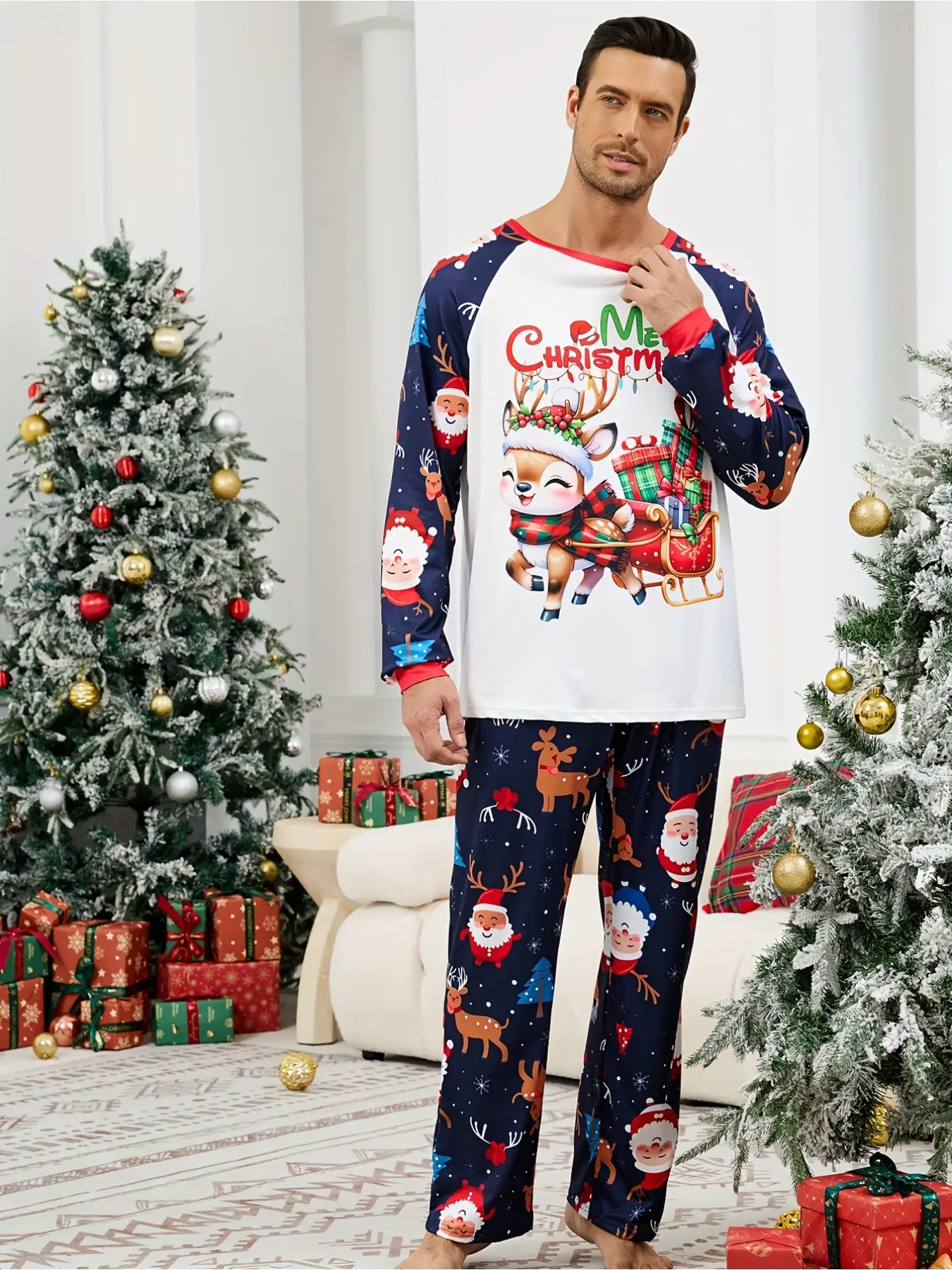 1 set of autumn and winter men's Christmas printed pajamas set, long-sleeved trousers, family Christmas pajamas set, men's satin pajamas set, couple Christmas pajamas, Christmas matching pajamas, Pyjamas, Nightwear