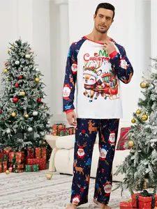 1 set of autumn and winter men's Christmas printed pajamas set, long-sleeved trousers, family Christmas pajamas set, men's satin pajamas set, couple Christmas pajamas, Christmas matching pajamas, Pyjamas