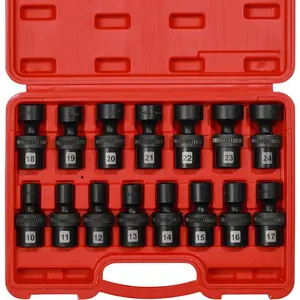 15 count 1/2" Drive Standard Universal Impact Socket Set, Metric, 10-24mm, Impact Swivel Socket