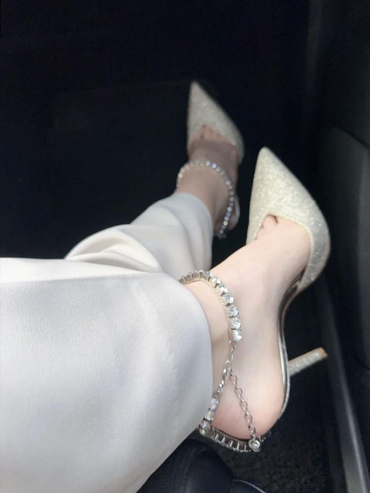 Sharp Pointed Rhinestone Chain High Heels With Fine Heels