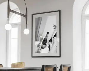 Woman Drinking Champagne in Bathroom Poster, Bar Cart Print, Black and White Photo, Cocktail Wall Art