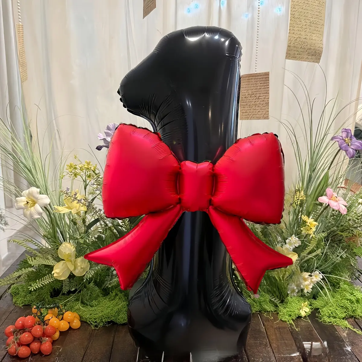 A set of large black number balloons, ranging from 0 to 9, decorated with red bows and made of foil material, Balloon party supplies, Party Balloons Decorations, perfect for birthday parties, gatherings, anniversaries, and adding photo atmosphere