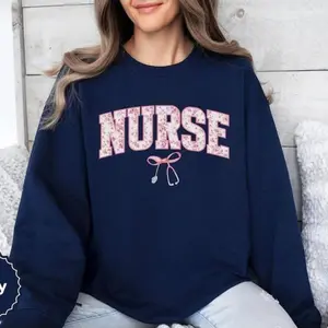 Pink Nurse Toile Bow Sweatshirt, Stethoscope Coquette Soft Girl Gift, Registered Nurse Graduation Crewneck Shirt, Healthcare Worker Hoodie for Women Cotton Fabric