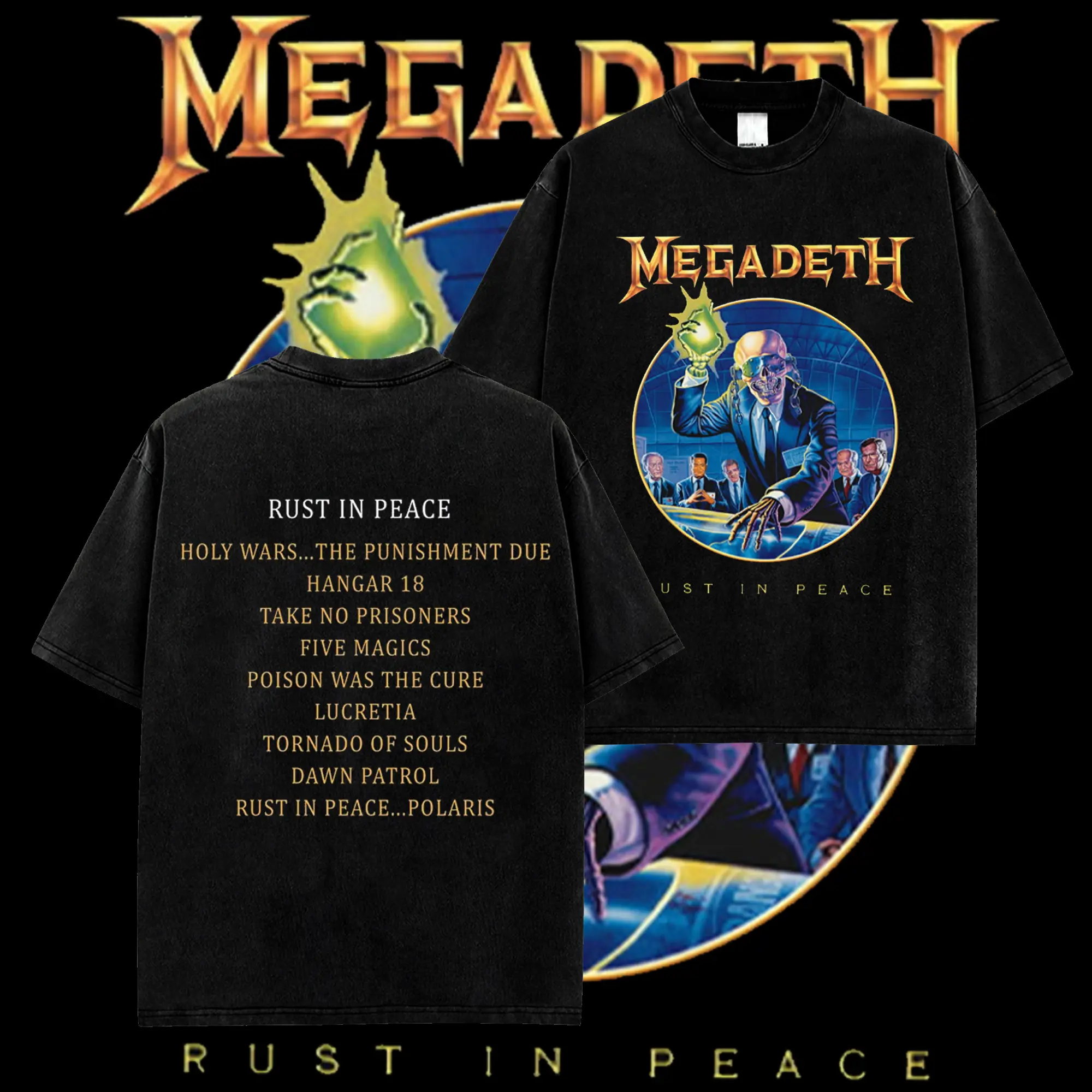 [MetalStyle] Megadeth Rust In Peace Tracklist Retro Unisex 100% Heavyweight Cotton T-Shirt – KILLING ROAD World Tour Rock Thrash Metal Cotton Tee, Heavy Metal Rock Band Shirt, Oversized Vintage Tee, Heavy Metal Merch, Gift for Rock Fans