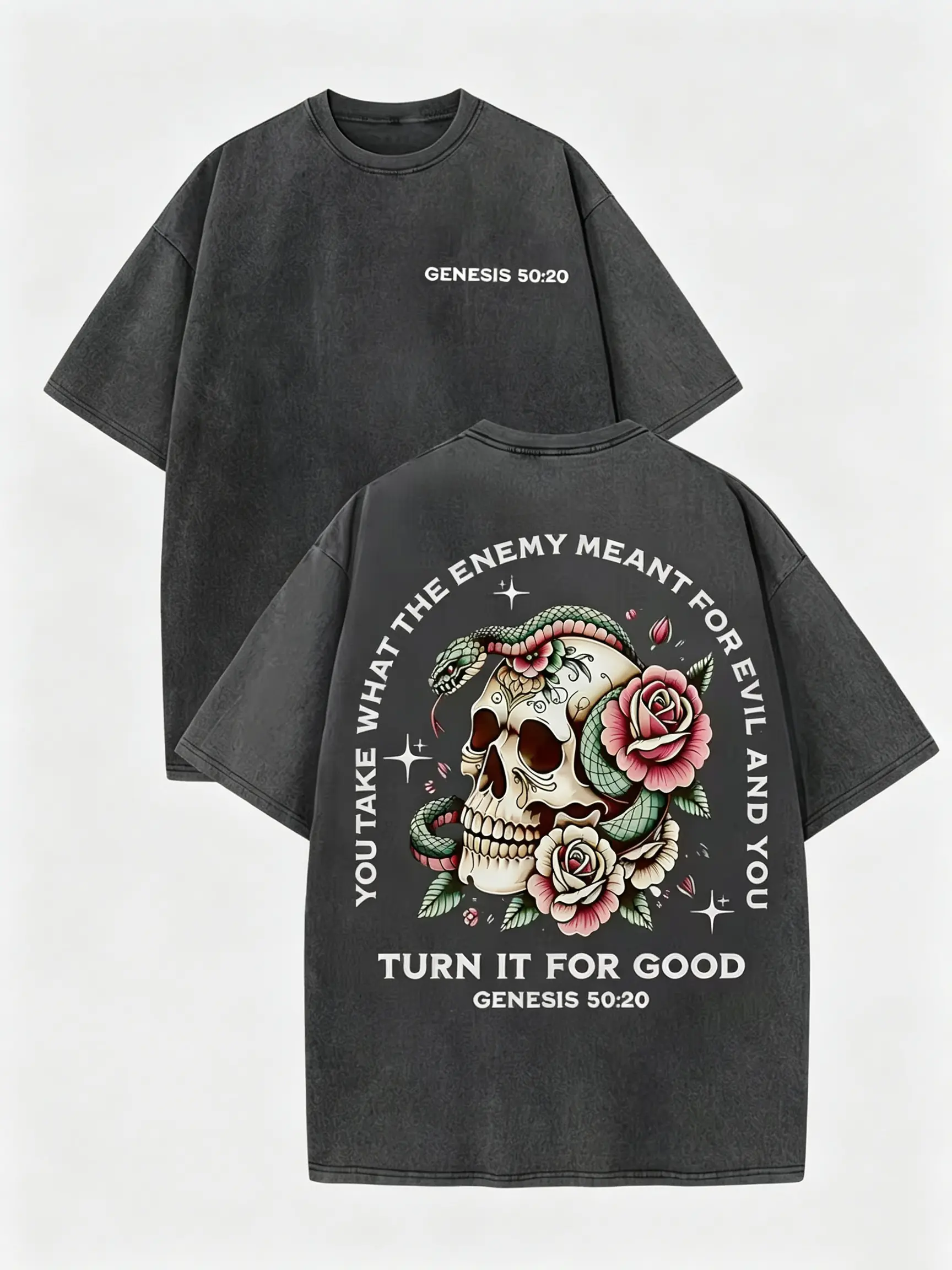 Unbranded Unisex Christian Gothic T-Shirt, Oversized Cotton Round Neck Top in Deep Vintage Acid Wash with Old School Snake Skull Graphic, M