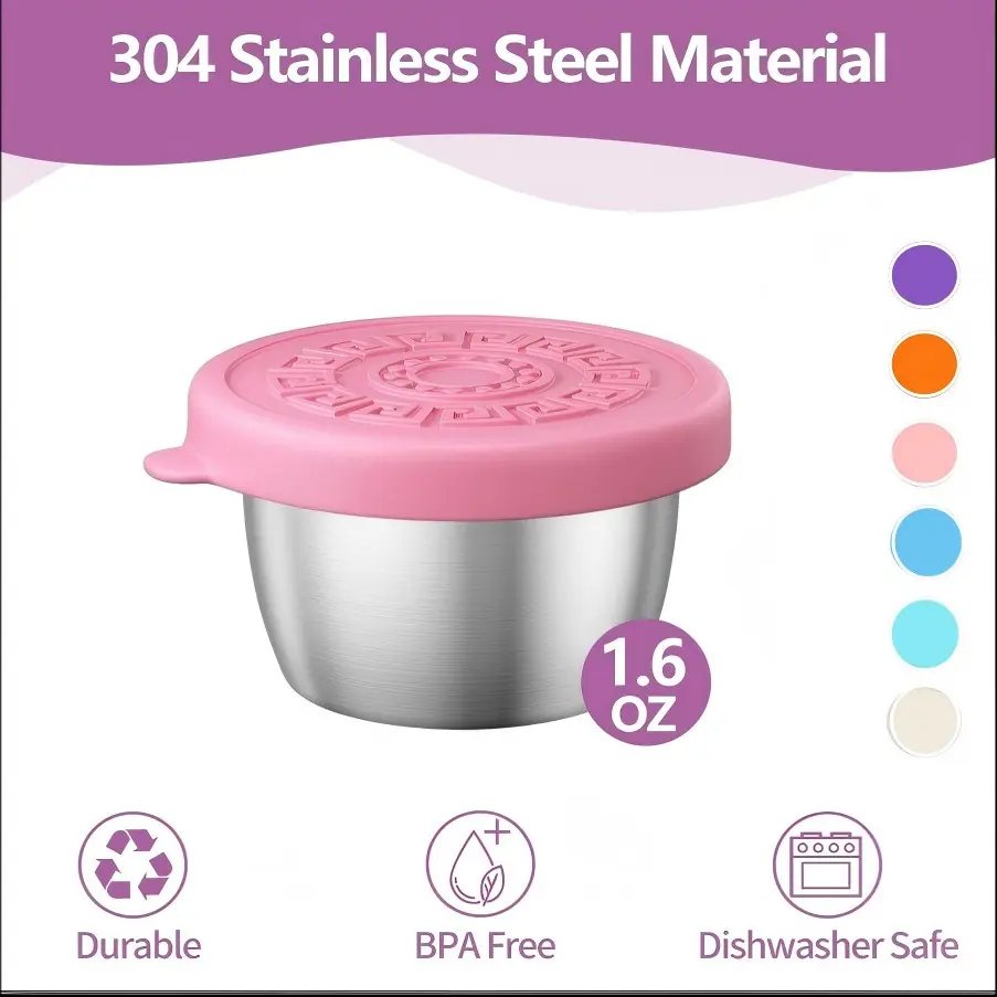 6-Pack Salad Dressing Containers, Leak-Proof Portable Small Sauce Cups, Stainless Steel Seasoning Jars with Lids, Spice Containers, Ideal for Travel, Picnics, Lunch Boxes