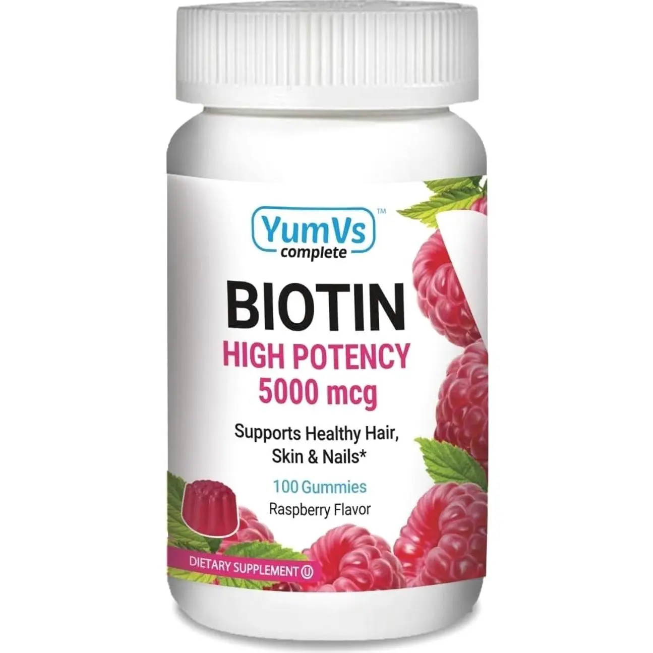 YUM-V's Biotin Gummies – High Potency Biotin Vitamins 5,000 mcg – Natural Raspberry Flavor Hair Vitamins – Kosher Hair Skin and Nails Gummies (100 Count)