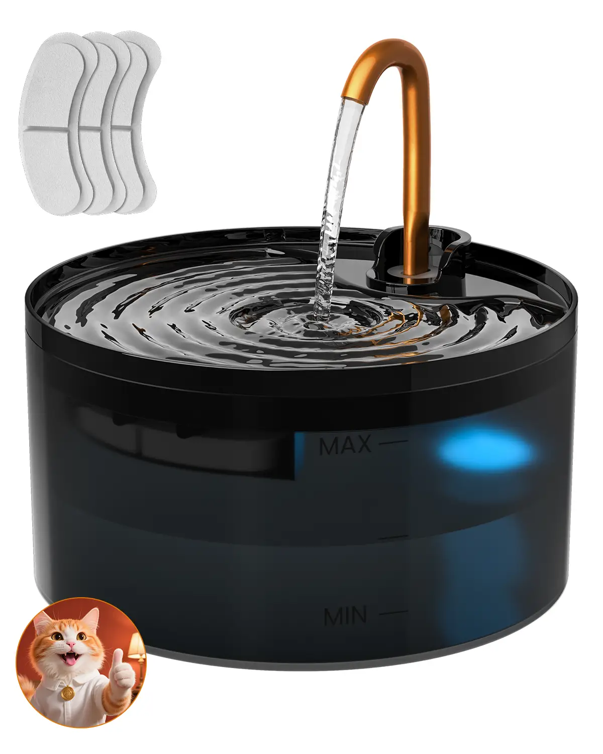 DOOOB Matte Black Ultra Quiet Cat Water Fountain – 2.1L Capacity with 6-Layer Filtration, Copper Spout & LED Night Light for Cats, Dogs & Small Pets