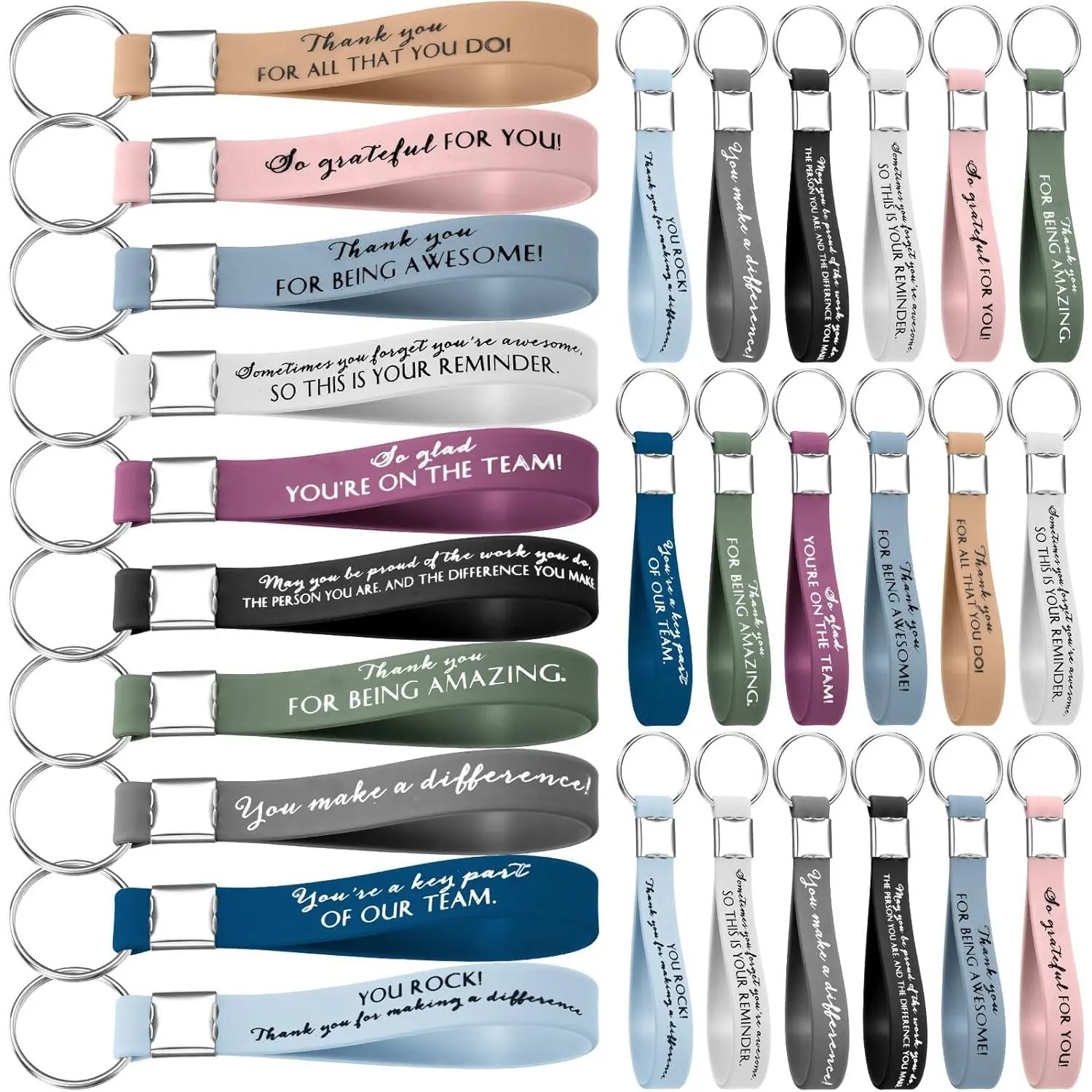 30-Pack Flexible Silicone Motivation Keychain Set, 4"x0.5" Multiple Styles Key Rings, Christmas Coworker Employee Appreciation Gift for Keys