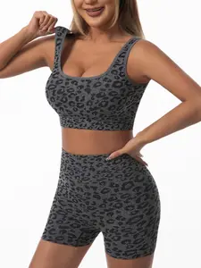 Women's Leopard Workout Set 2 Piece Seamless Sports Bra Biker Shorts Set with High Waist Shorts Legging Outfit Tracksuit Yoga Bra Athleisure Street Fit