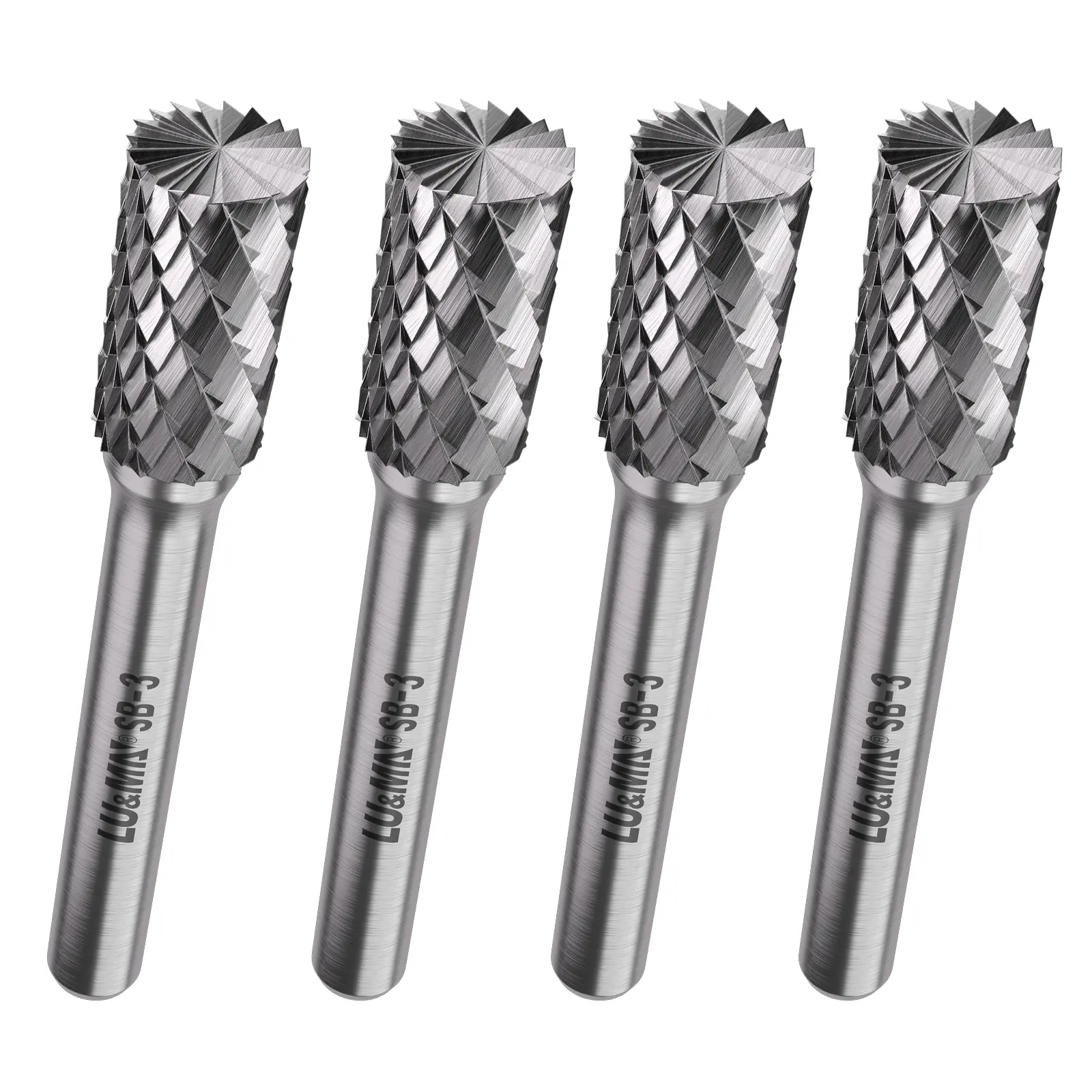 SB-3 Tungsten Carbide Burr Cylinder Shape Double Cut Rotary Burrs File, 4pcs Drills Vibration Reduction