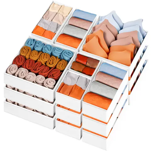Criusia 15-Pack Divided Compartments Drawer Organizer Boxes - Collapsible Home Storage Bins for Socks, Baby Items, Beauty Products, Bikinis, Bathroom Organization, Apartment Accessories (White)