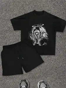 Men's 2-Piece Set, Creative Cartoon Print T-Shirt & Shorts, Loose Fit, Comfortable Streetwear, All-Season Wear, Hip-Hop Culture Gift