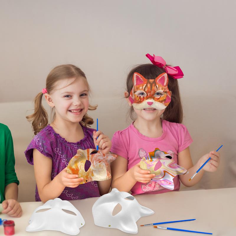 35 DIY Therian Mask Kit - 6PCS White Cat Animal Masks with Furs, Eye Mesh, 12-Color Paints, Whiskers & Brushes for Creative Cosplay Halloween Masquerade Party