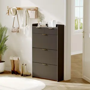 GARVEE Wave Design Shoe Cabinet with 3 Slip Drawers, 2 Drawers, Raised Edges, Fluted Shoe Cabinet, Slim Hidden Shoe Organizer, Wooden Shoe Storage for Entryway, Front Door, Living Room, Black