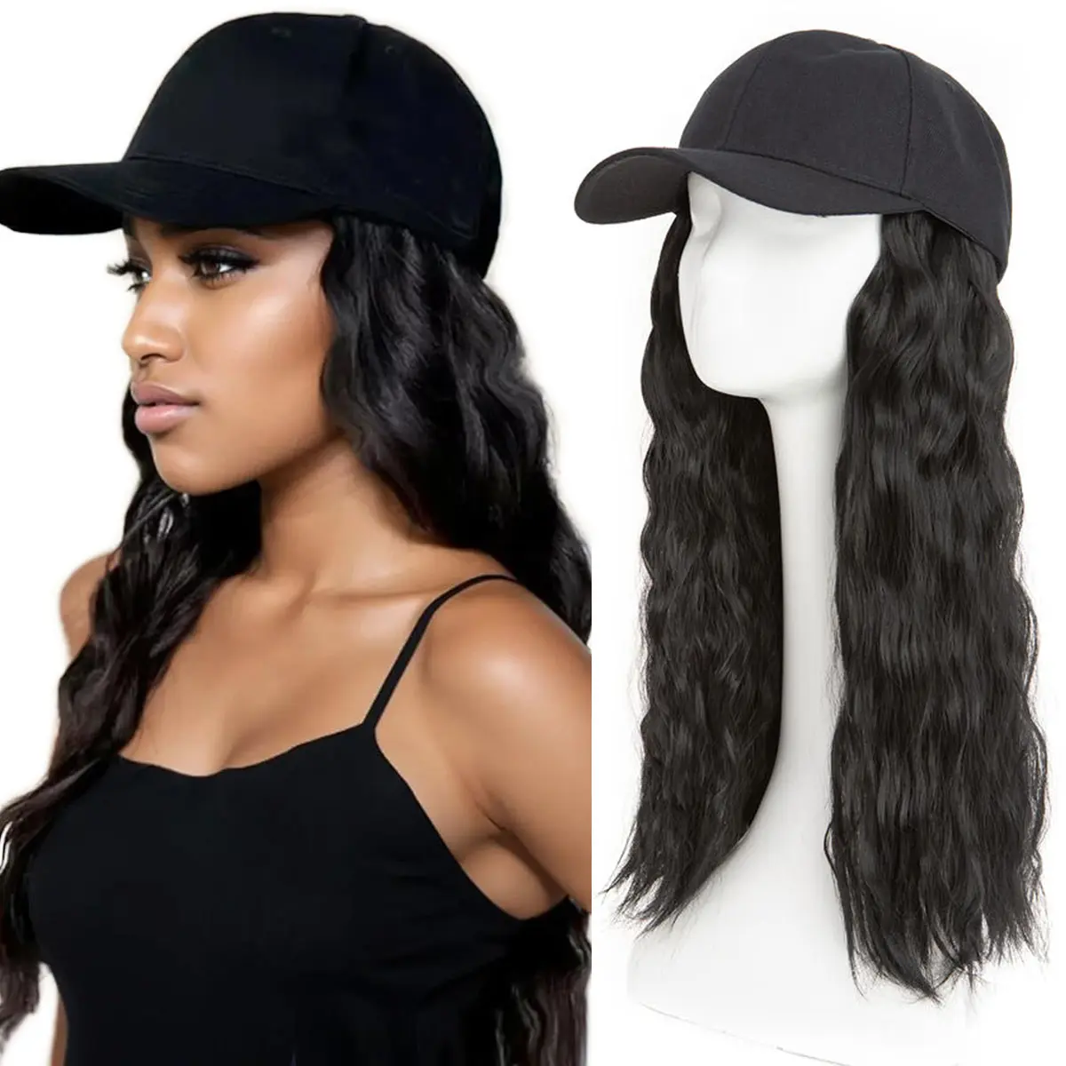 MY-LADY 16inch Long Wavy Hair With Baseball Cap Wave Curly Hair Hat Wigs Synthetic Hair Extensions For Women Heat Resistant Wigs campingessentials