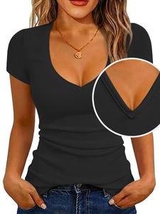 T-Shirts Short Sleeve V Neck Tees Tops for Women Fashion Trendy Lightweight Soft Casual Summer Outfits Clothes 2026 Womenswear