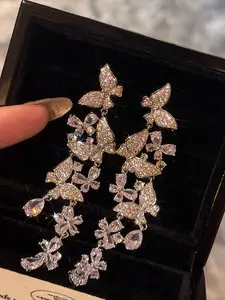 Elegant 925 Silver Needle Earrings with Rhinestone Butterfly Design, Dangle Ear Studs for Women, Fashion Jewelry Gift Idea