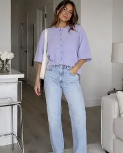 Lavendula 3/4 Sleeve Boxy Knit Button Down Sweater Cardigan