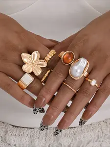 Women's Rings Set, Vintage Boho Style Square Flower Design, Stackable Jewelry for Daily Wear, Perfect Gift for Her, Bohemian Stackable Rings